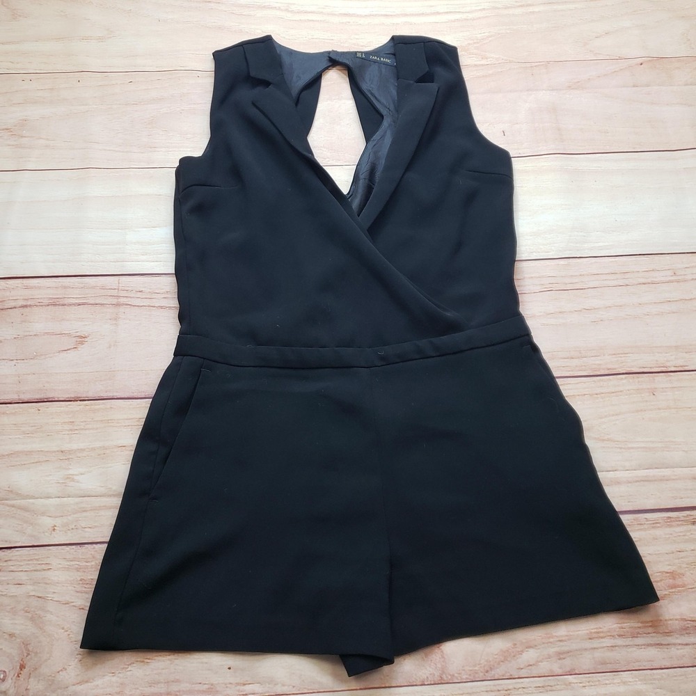 Zara Basic Romper Womens M Black V-Neck Sleeveless Crepe Zip Pockets Party